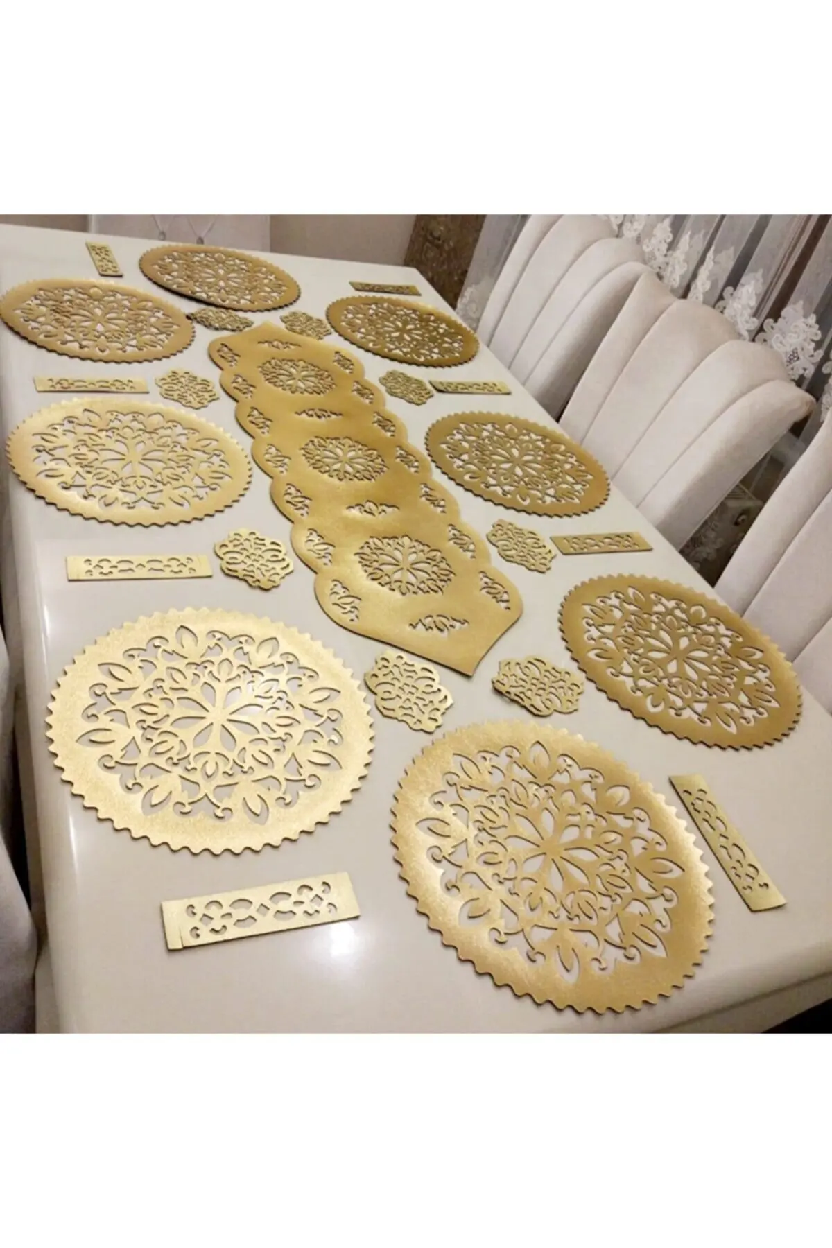 Embroidery 25 Pieces 8 Person Presentation Set Flatware Gold Kitchen Table Accessories Placemats Table Accessories