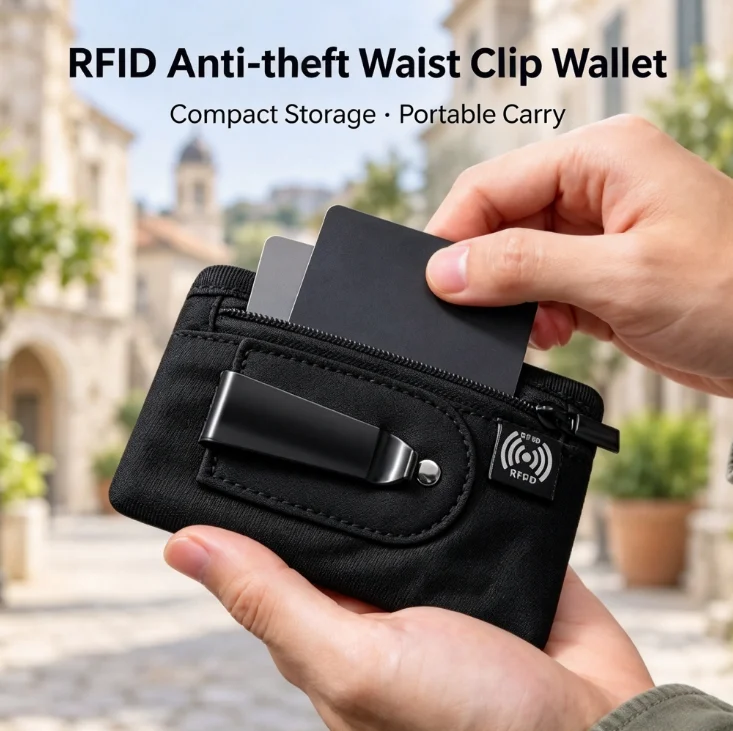 HTMCK RFID Blocking Hidden Waist Pouch Portable Card Holder Travel Anti-theft Pocket Wallet with Belt Clip