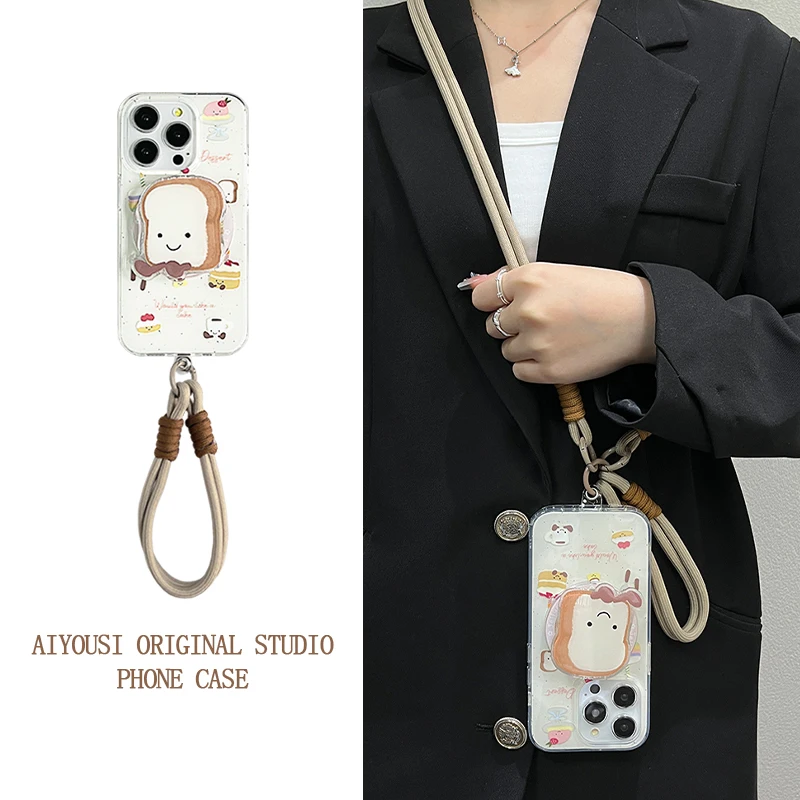 

Cute fun toast magnetic holder for apple 15promax phone case iphone14 women 12pro handheld slant 14promax anti fall