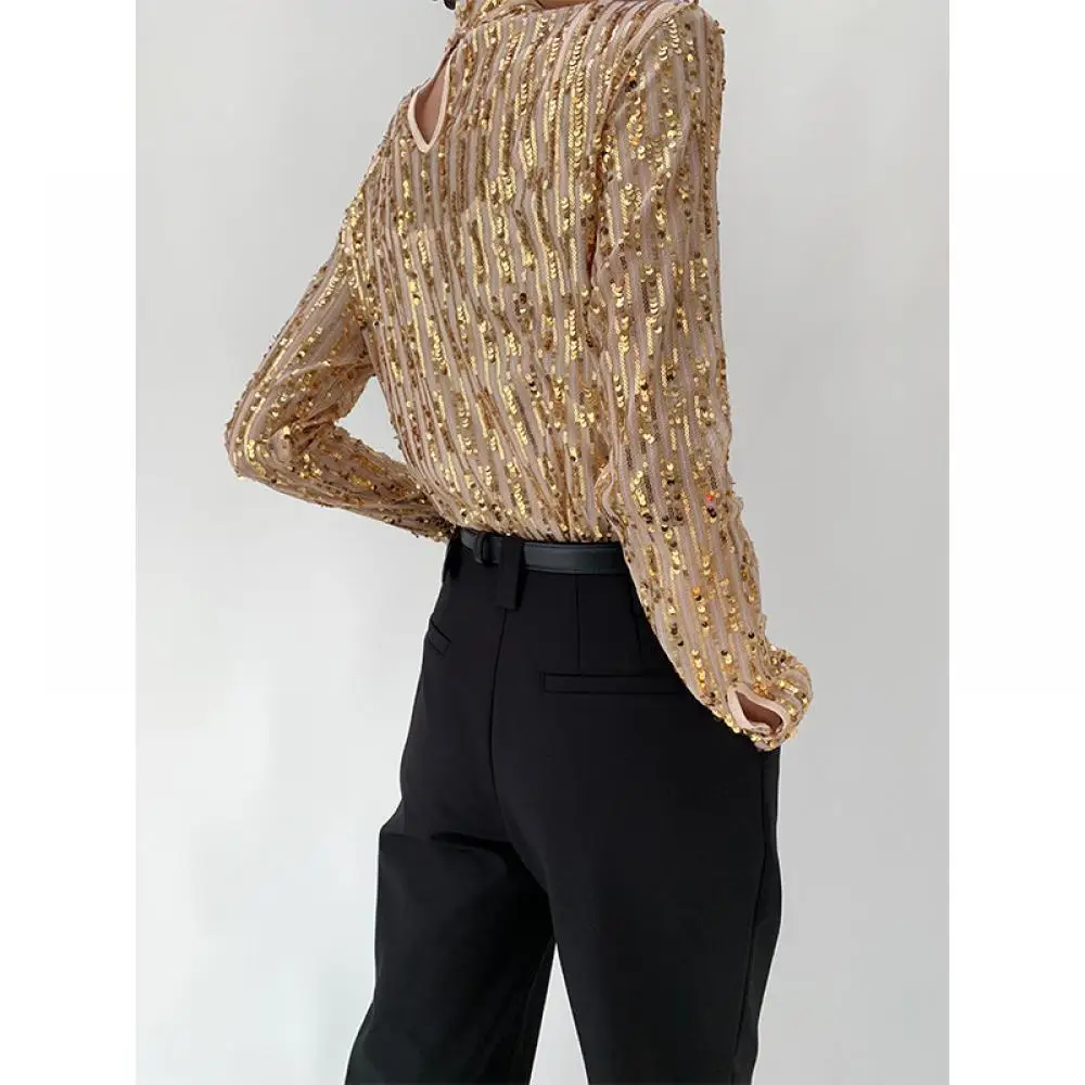 Spring Women Mesh Tops Brand Blouse Handcrafted Sequin Blingbling Striped Golden Luxury Shirts Long Sleeve Stand Collar