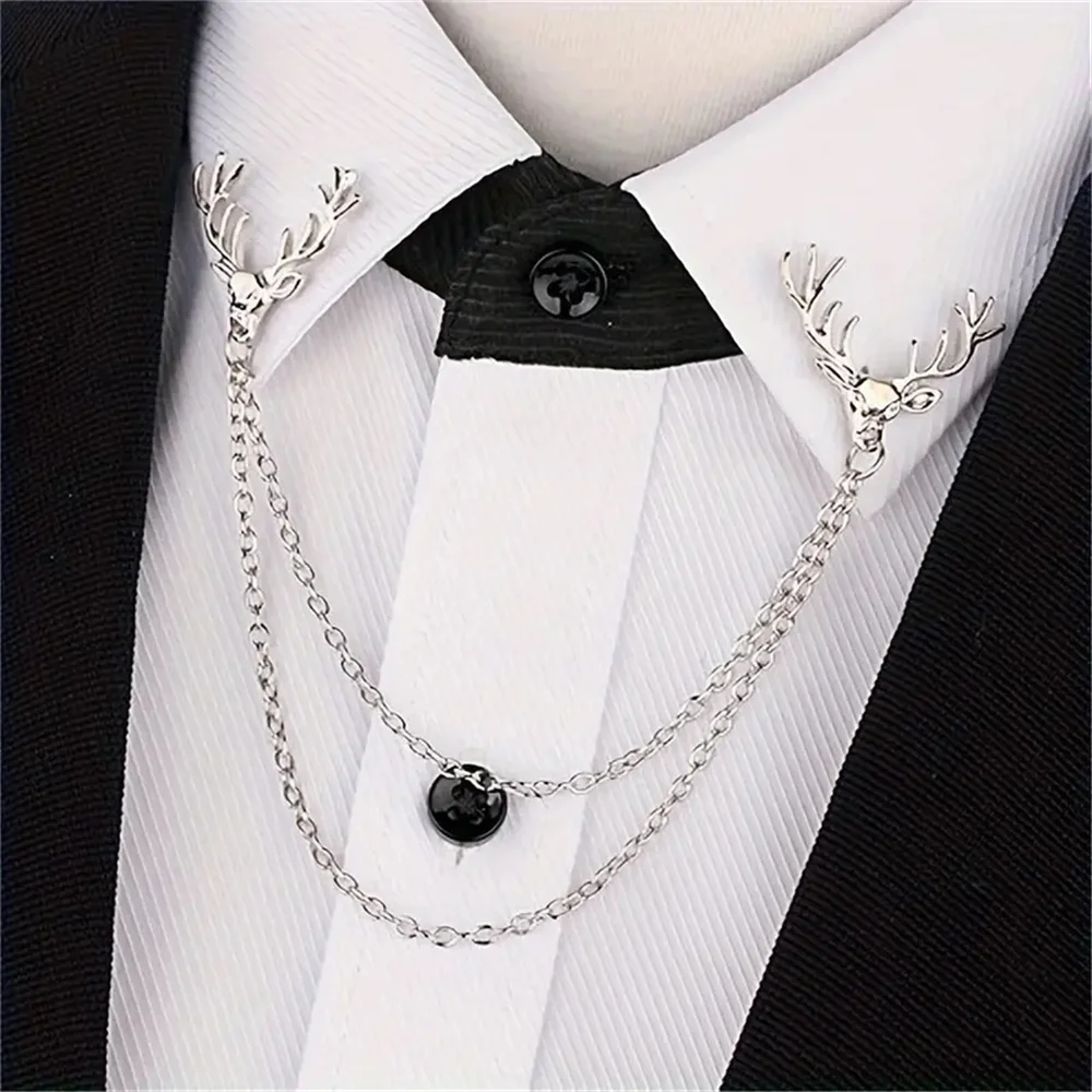 1pc Retro Deer Head Tassel Chain Brooch, Alloy Collar Pin For Men Christmas Gift Brooches Party Jewelry Accessories Gifts