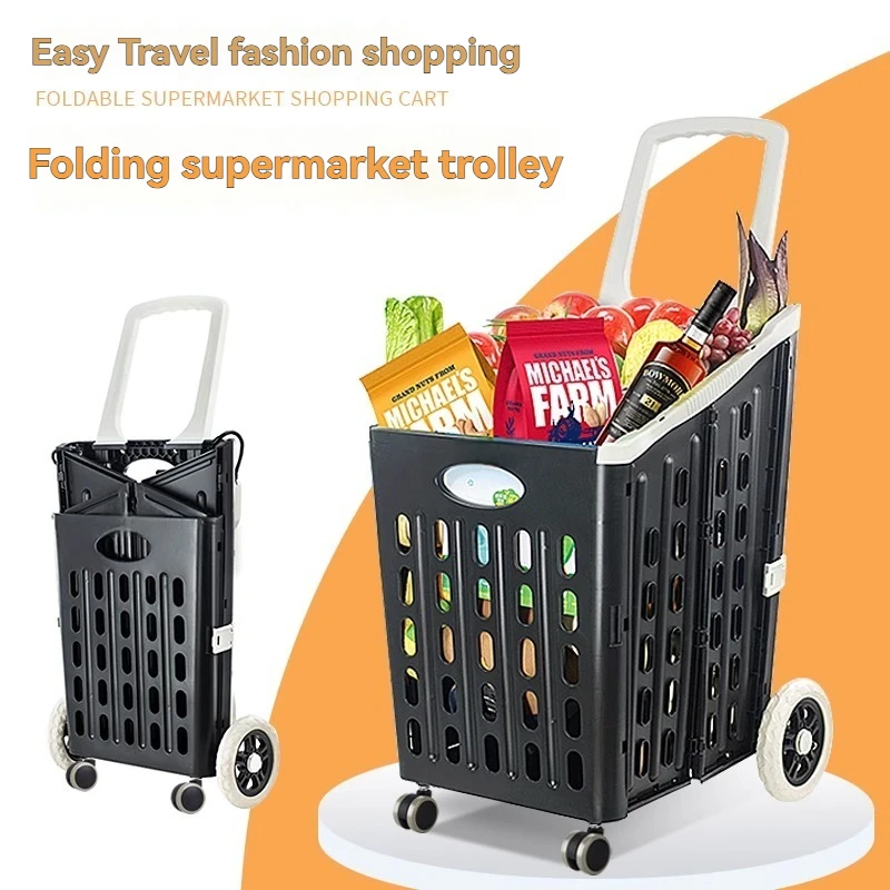 Supermarket Shopping Cart Foldable Home Universal Wheel Trolley Cart Snack Shopping Basket