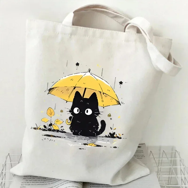 

Kawaii черный кот графические сумки для женщин японский стиль холст большая сумка мультфильм модная сумка на плечо для женщин сумка с котенком