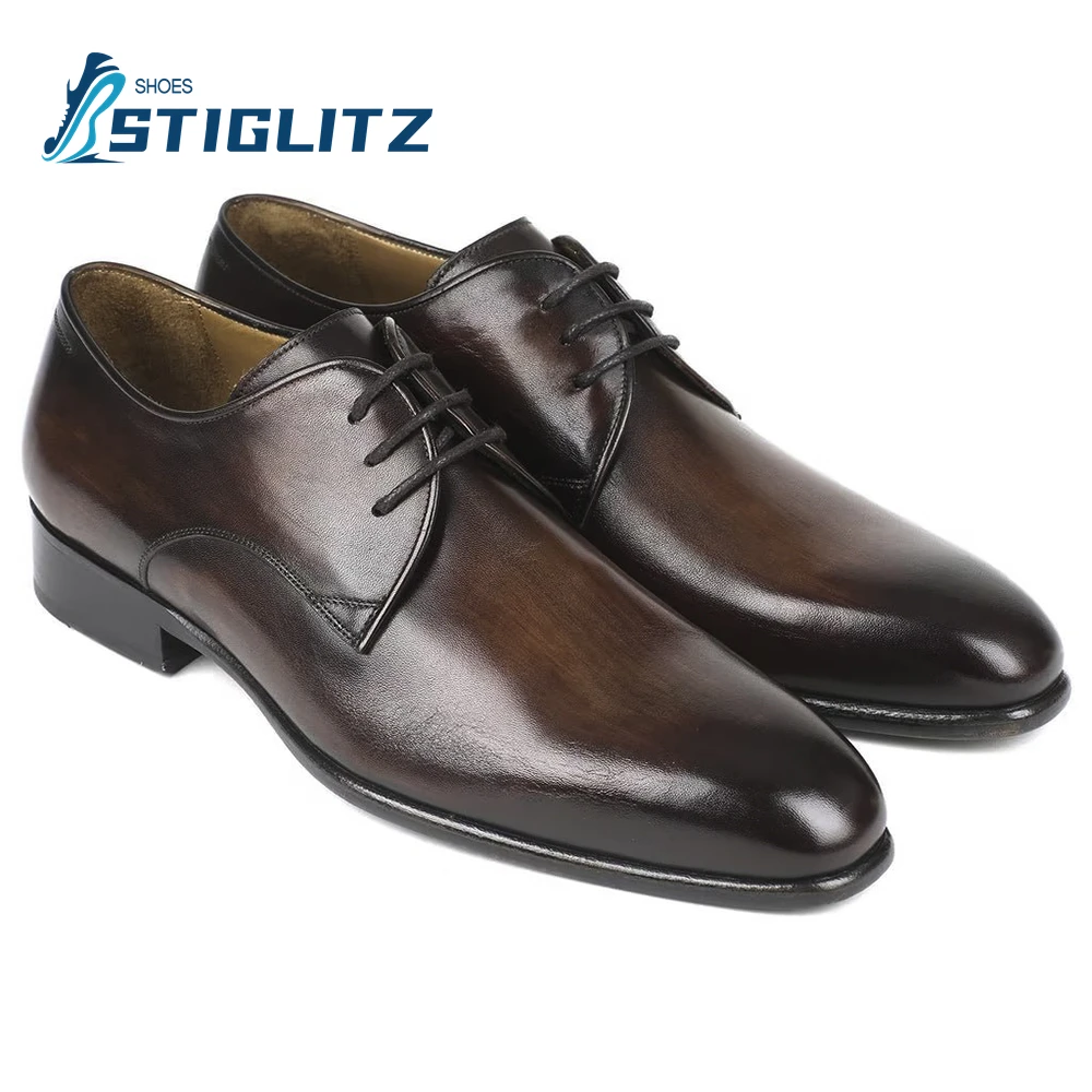 

Brown Polished Pointed Toe Oxford Shoes for Men Shallow Square Heel Top Quality Formal Suit Shoes Genuine Leather Wedding Shoes