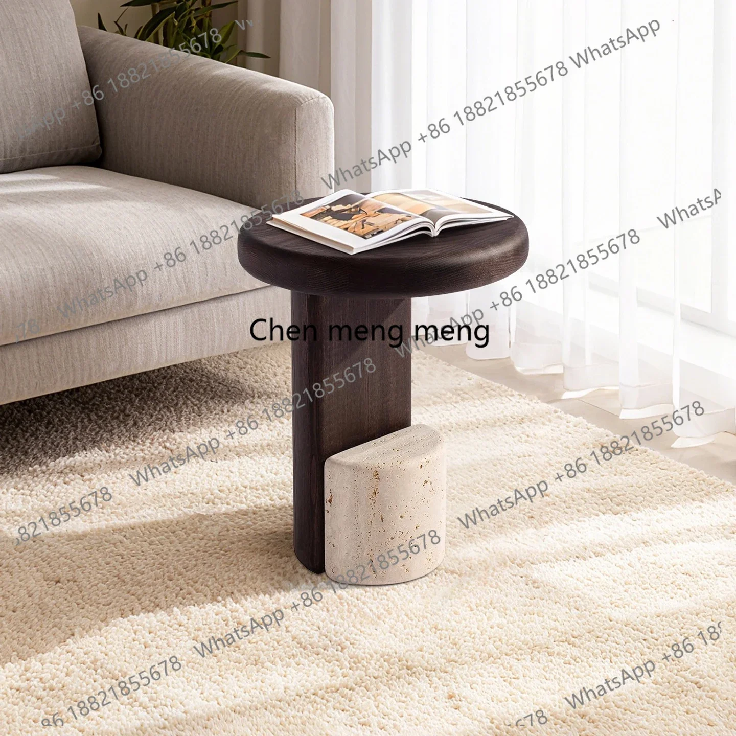 

Medieval art creative travertine solid wood high-end sense living room small side table small coffee table next to sofa