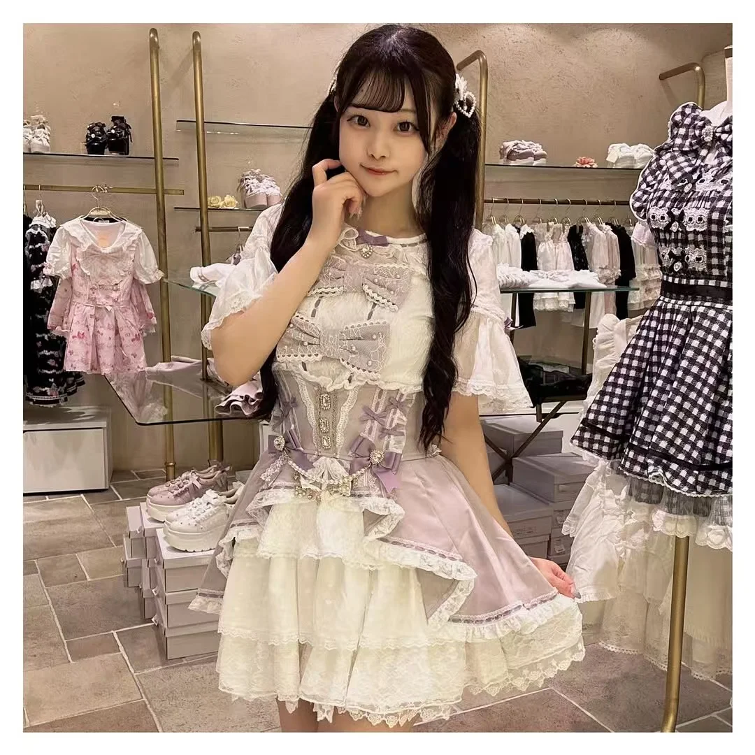 2025 New Japanese Style Liz Shirt and Skirt Mine Mass-Produced Sweet Big Bow Puff Sleeve Lolita Shirt Woman's High Waist Skirt