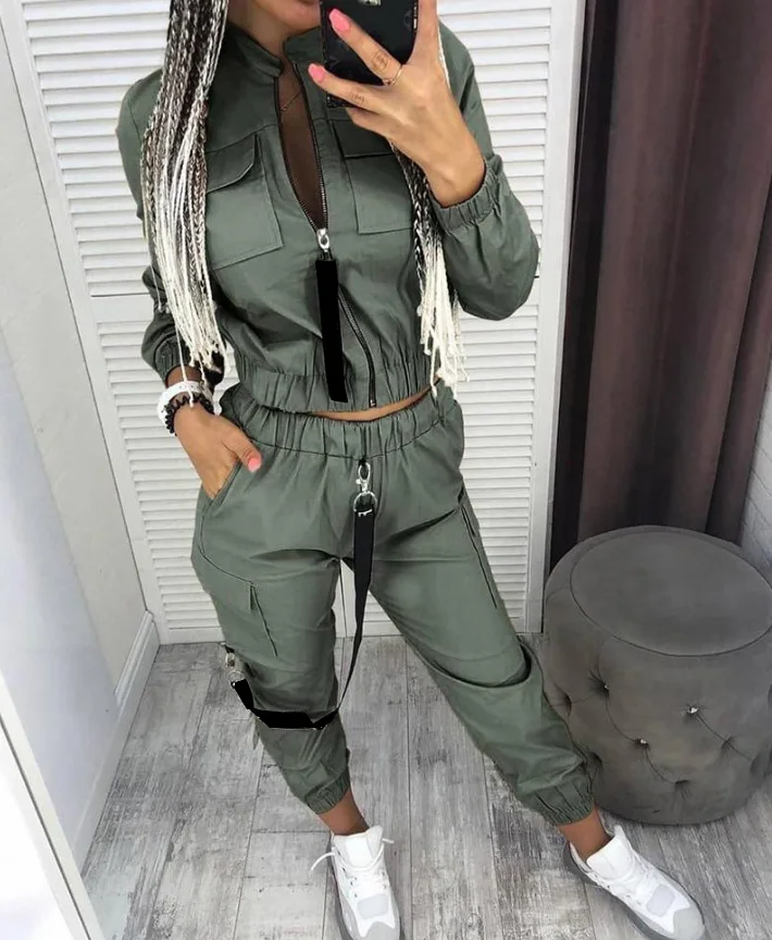 

Women Casual Suit Set Stand Collar Long Sleeve Pockets Zipper Design Ruched Coat Tops and High Waist Cargo Cuffs Pants Set OTTD