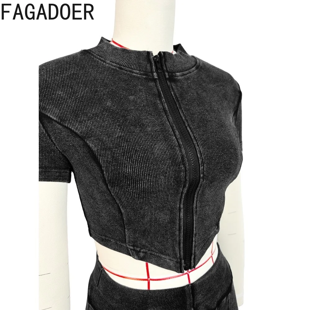 FAGADOER Fashion Solid Ribber Two Piece Sets Women V Neck Zipper Short Sleeve Crop Top And Skinny Pants Outfit Female Streetwear