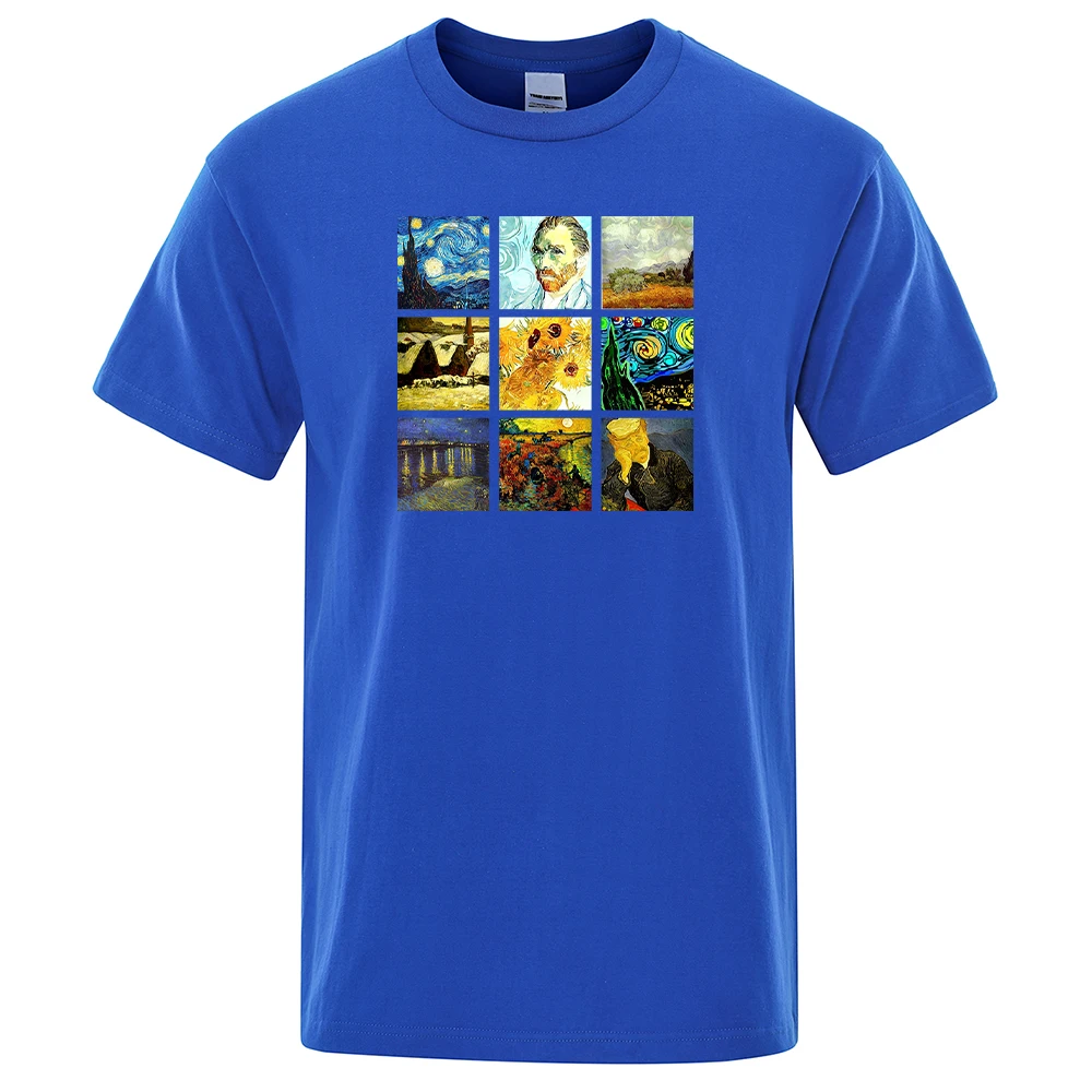 

M World Famous Painting Sanskrit Van Gogh Printing T Shirt Man Retro O-Neck Tshirt Sports Loose Top Vintage Soft For Men T-Shirt