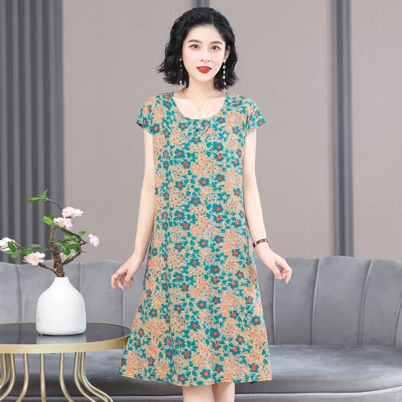 Vintage Summer Dress Cotton Korean Fashion 2023 New Women Dress for Mother Short Sleeve O-Neck Casual Everyday Dress Elegant