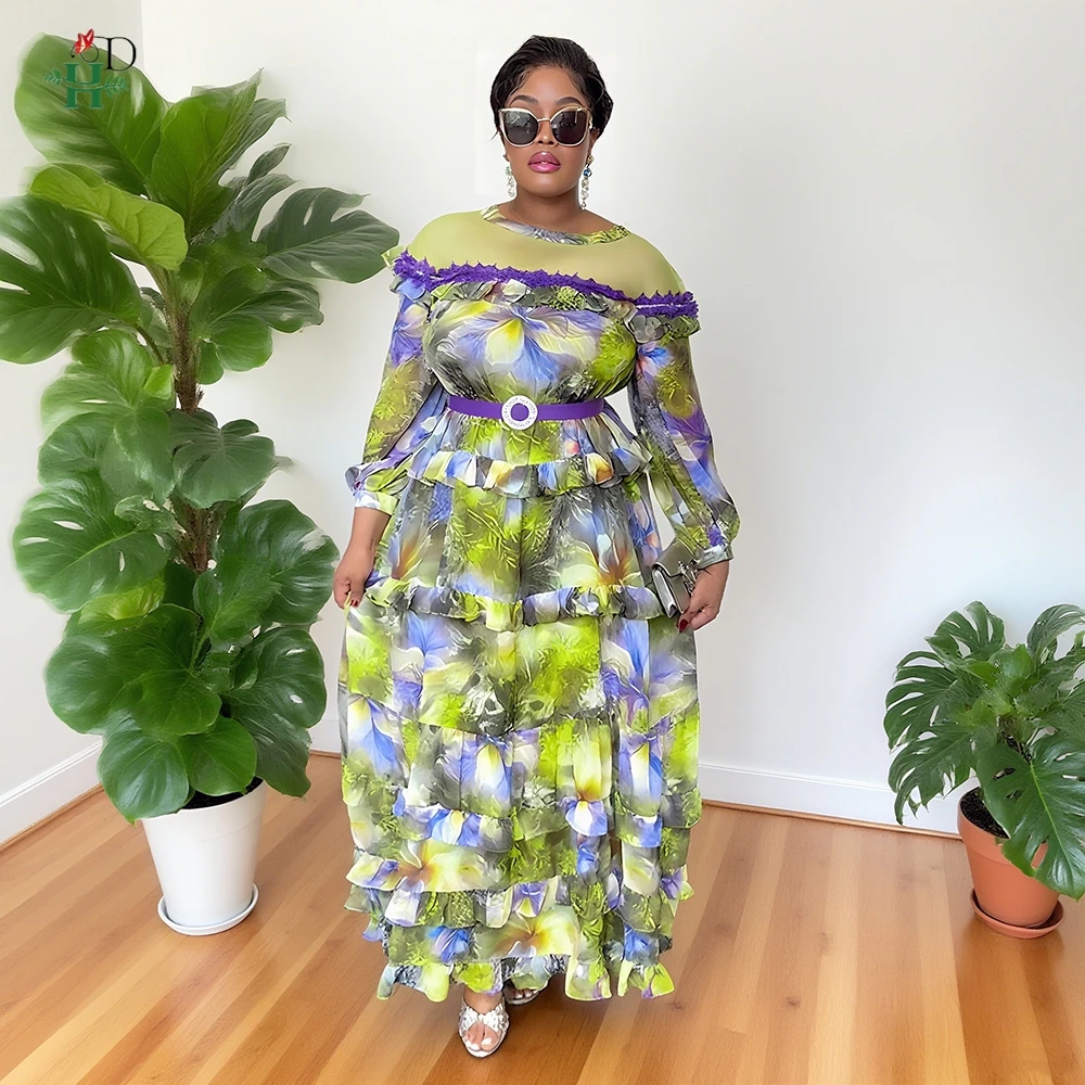 Vestiti africani per le donne vestono 2025 nuova moda verde increspato gonna a strati vestito da partito abito estivo fiore abiti casual veste