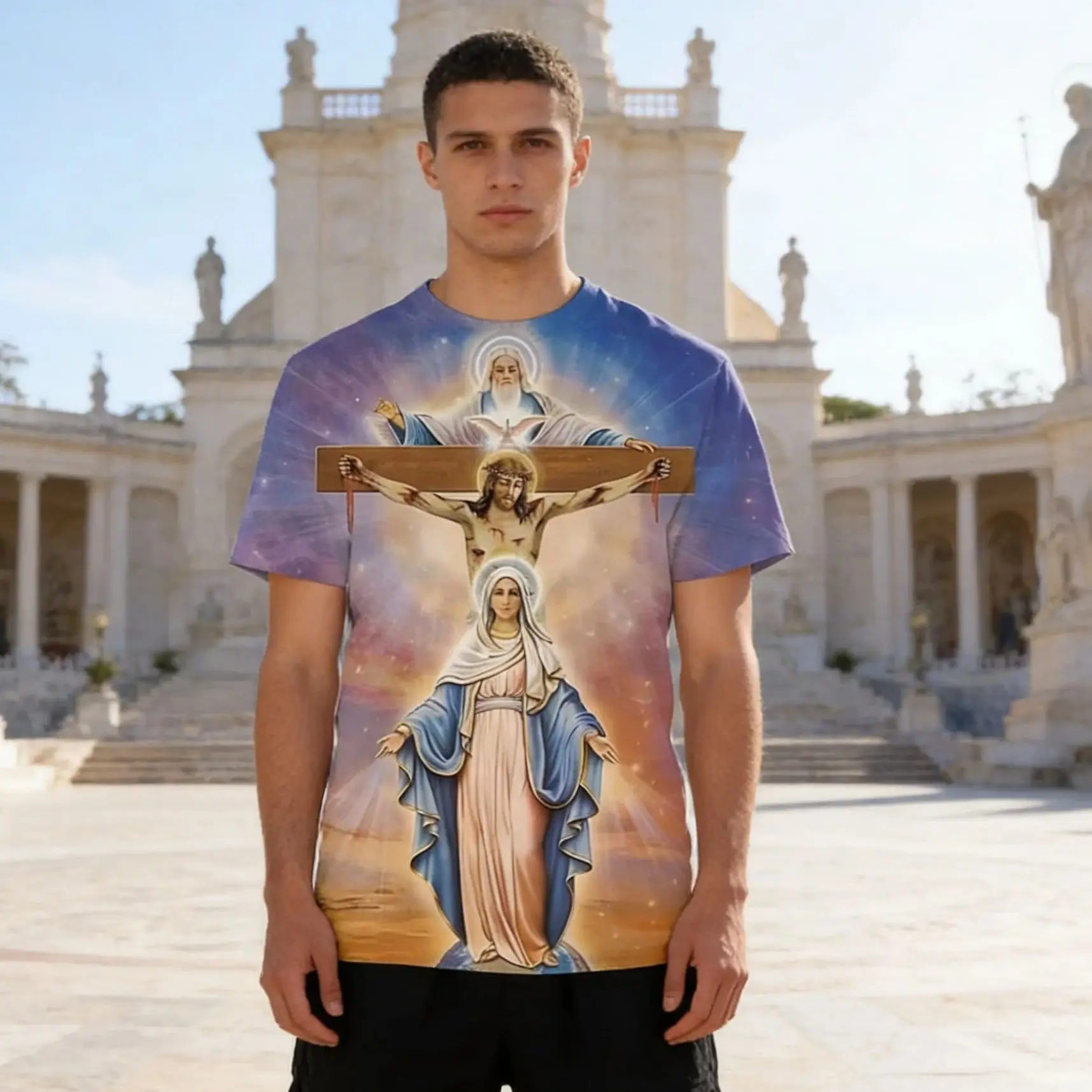 كريستيان أم الله مريم العذراء يسوع يحب عارضة المحملة قمم قصيرة الأكمام المتضخم الرجال الكبار والأطفال الملابس التي شيرت #1