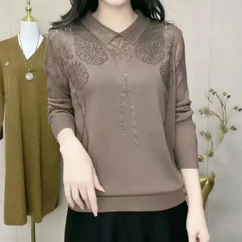 Basic Vintage Hollow Out Knitted Shirt Female Clothing Solid Color Casual Autumn Winter Commute Stylish Diamonds Loose Blouse