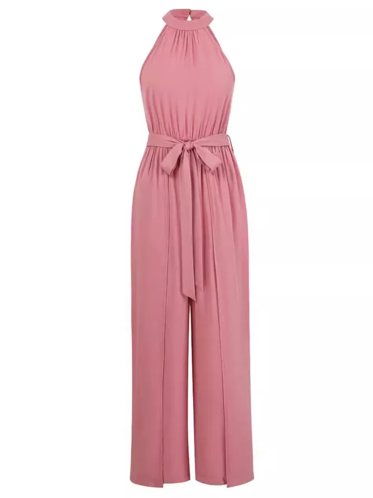 Halter Neck Jumpsuits Women Summer Solid Color Leace-up Backless Slit Wide Legs Sleeveless Jumpsuit Temperament Female Clothing