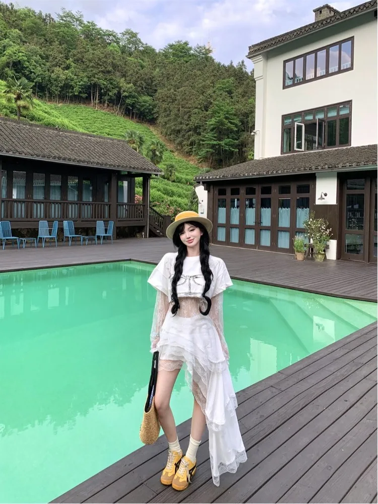 

Summer New Sweet And Spicy Print Lace Top T-Shirt Short Sleeve Asymmetrical Skirt Set Women Sexy Adult Overhead Fashion Set