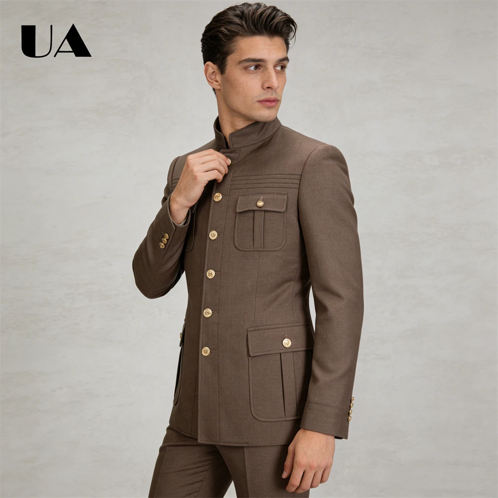 Men's Brown Wool-Blend Suit 2-Piece Set: Military-Style Jacket with Gold Button Details, Multiple Pockets & Slim-Fit Trousers