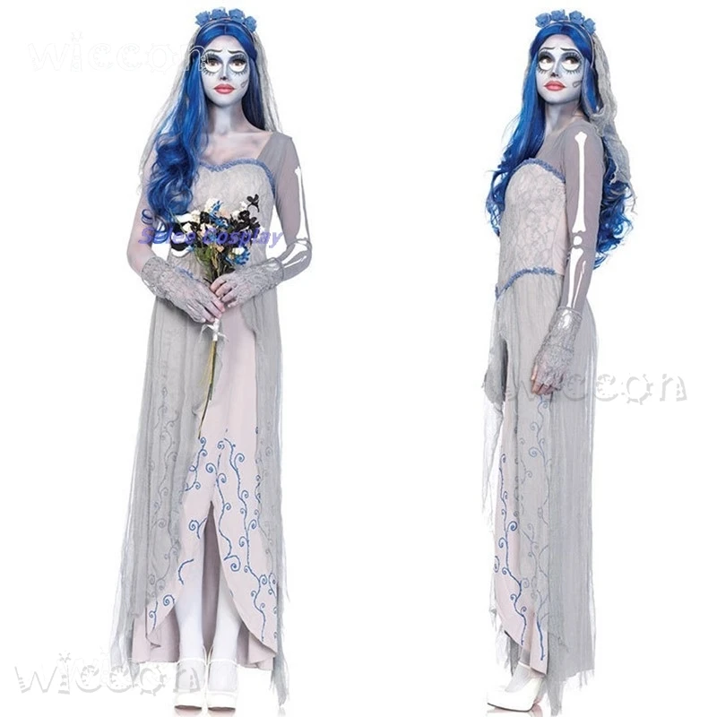 Corpse Masquerade Bride Emily Cosplay Costume Wig Zombie Ghost Halloween Party Dress up Women Scary Gothic Poor Wedding Dress