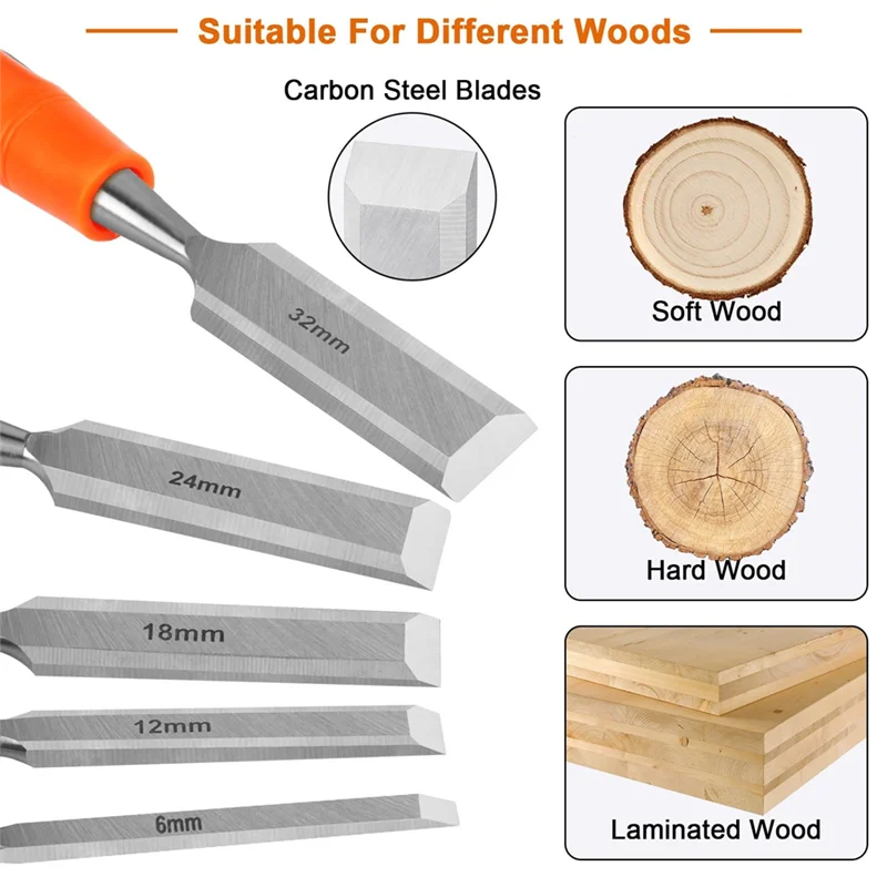 

TFORU-5 Piece Wood Chisel Sets Woodworking Tools Set, Wood Chisels For Woodworking With Steel Hammer End, Wood Tools Chisel