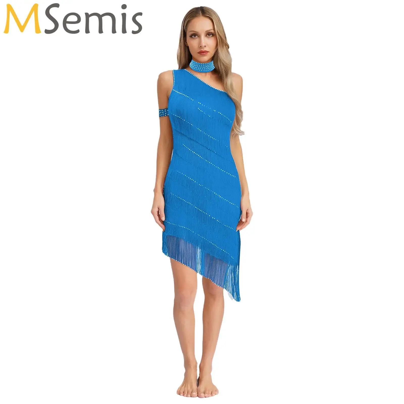 

Women Latin Dance Dress Cha-cha Modern Tango Samba Rumba Performance Costume One Shoulder Sleeveless Fringe Dress+Choker Armband
