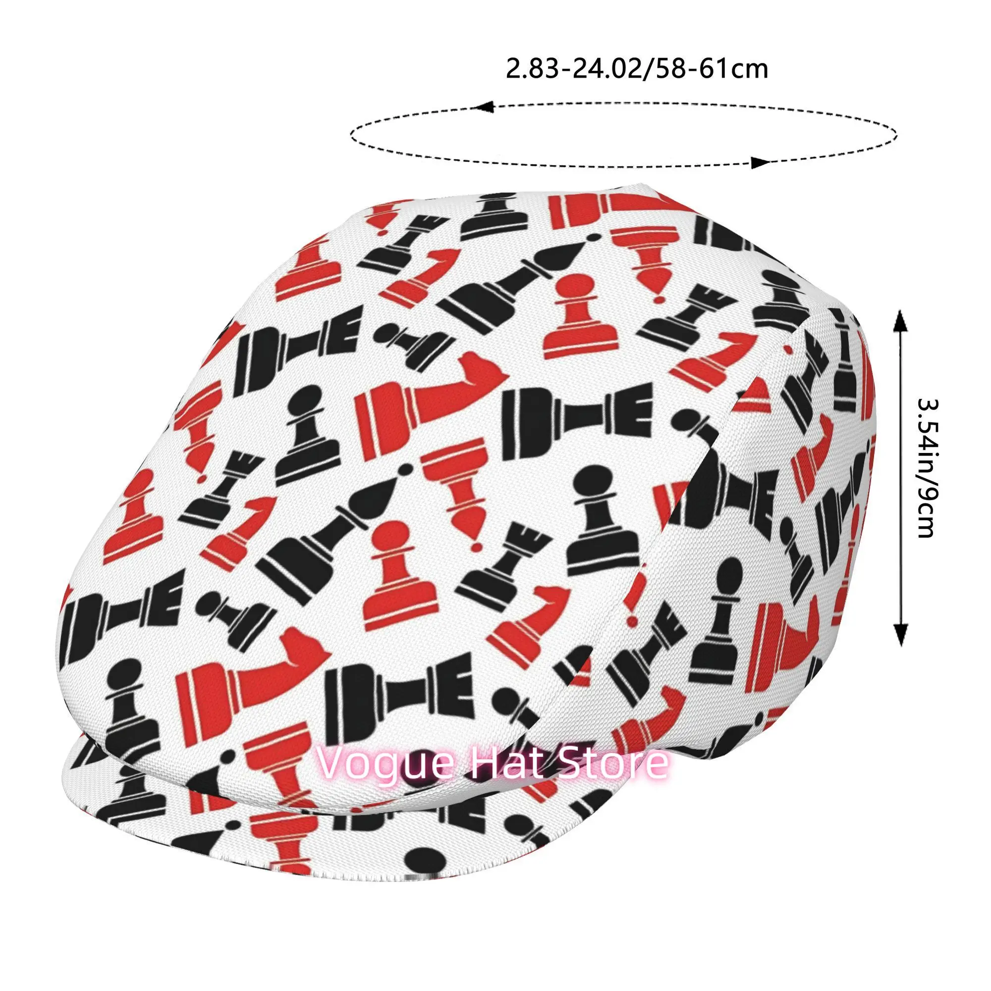 1pc Red and Black national chess art All-over printed beret,  newsboy cap, unisex, a must-have fashion accessory for outdoor lei