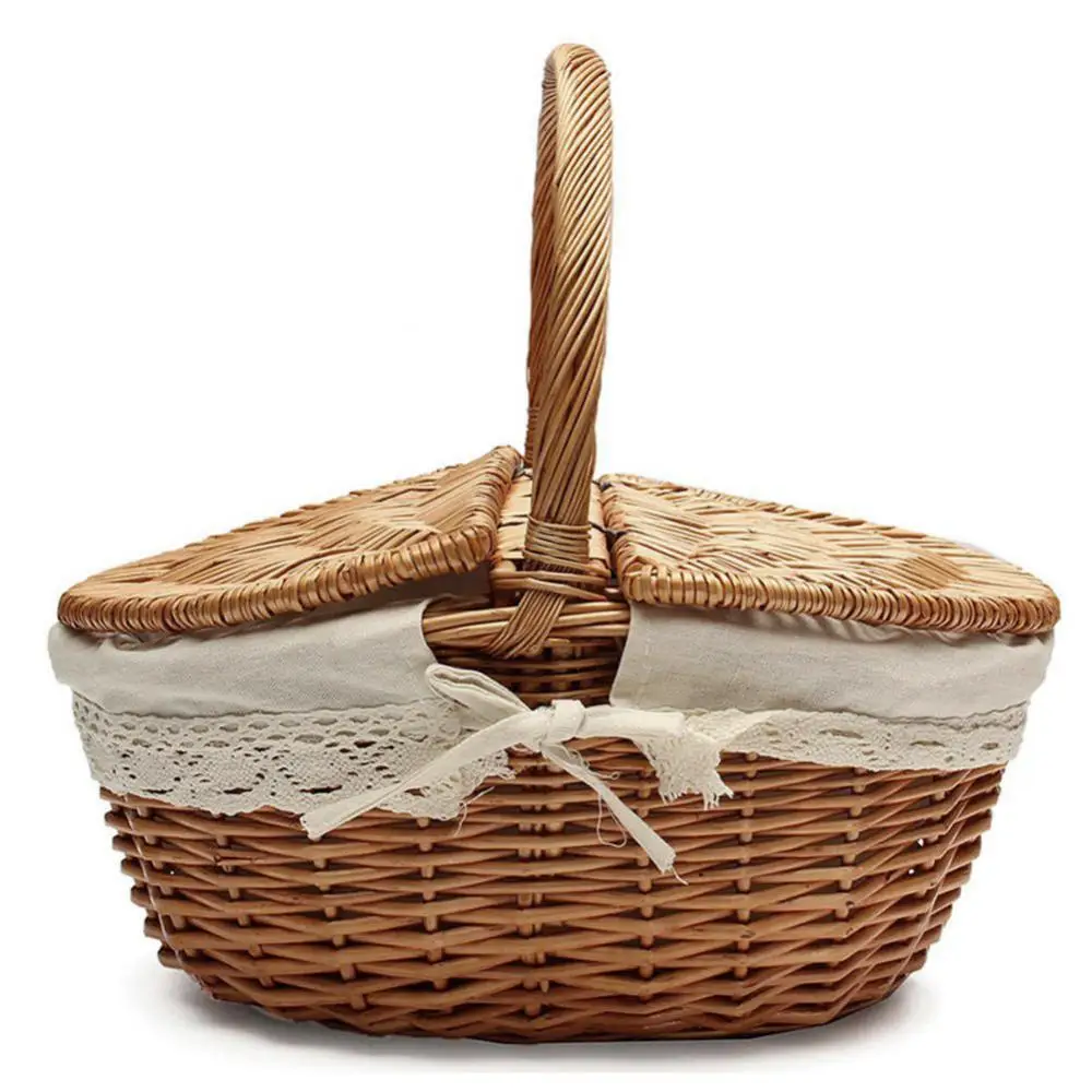 Vintage Woven Picnic Basket Basket Wicker Willow Camping Handle Shopping Food Fruit Picnic Basket