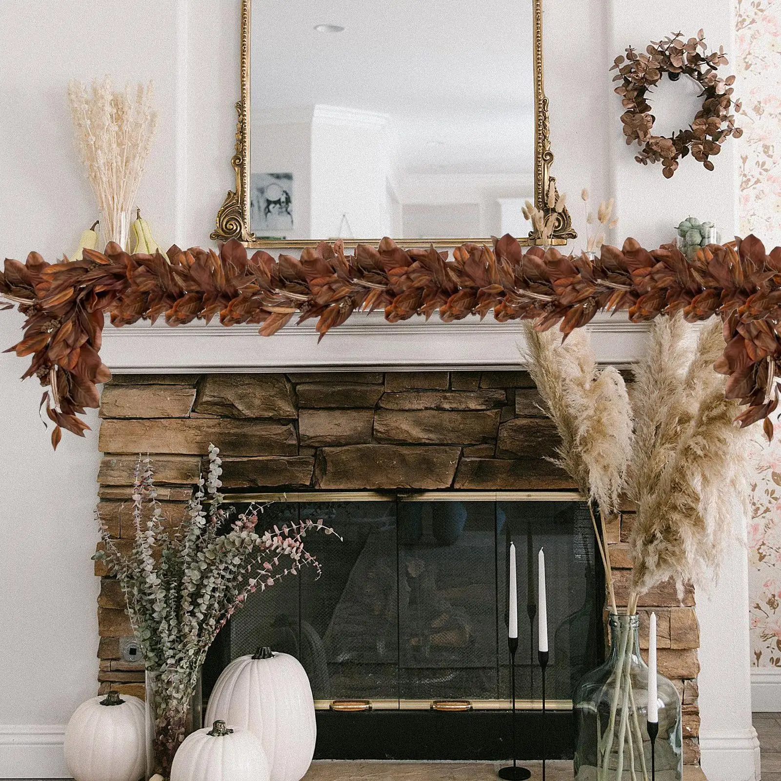 سقوط ماغنوليا جارلاند 6 أقدام وهمية الشرفة زخرفة واقعية الصنوبر المخاريط ماغنوليا يترك جارلاند لخريف باب جدار الموقد نافذة #1