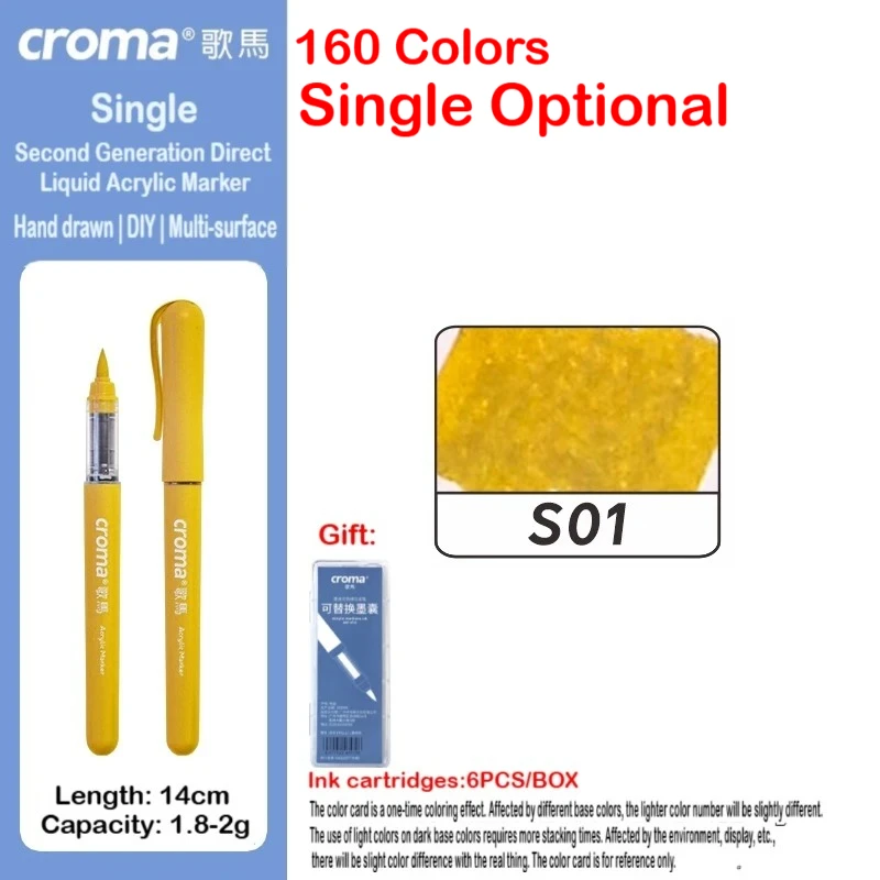 

Croma 1 PC 160 Colors Replaceable Ink Refill Liquid Soft Nib Acrylic Markers Washable Safe Waterproof Stationery School Supplies