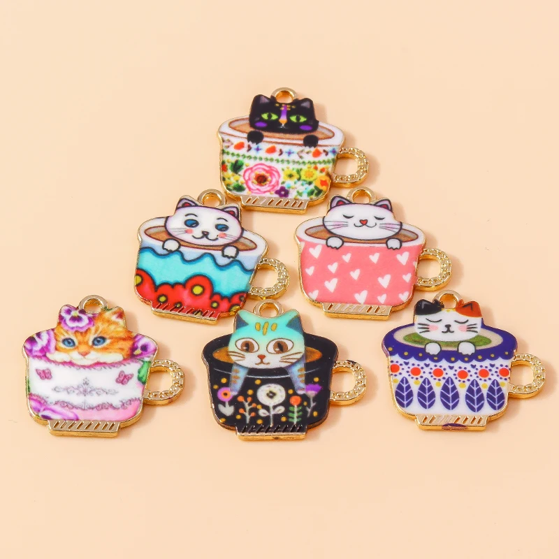 10 teile/los Nette Emaille Bunte Blumen Tee Tasse Katze Charm Anhänger Für Armband Halskette Handgemachten Schmuck Machen DIY