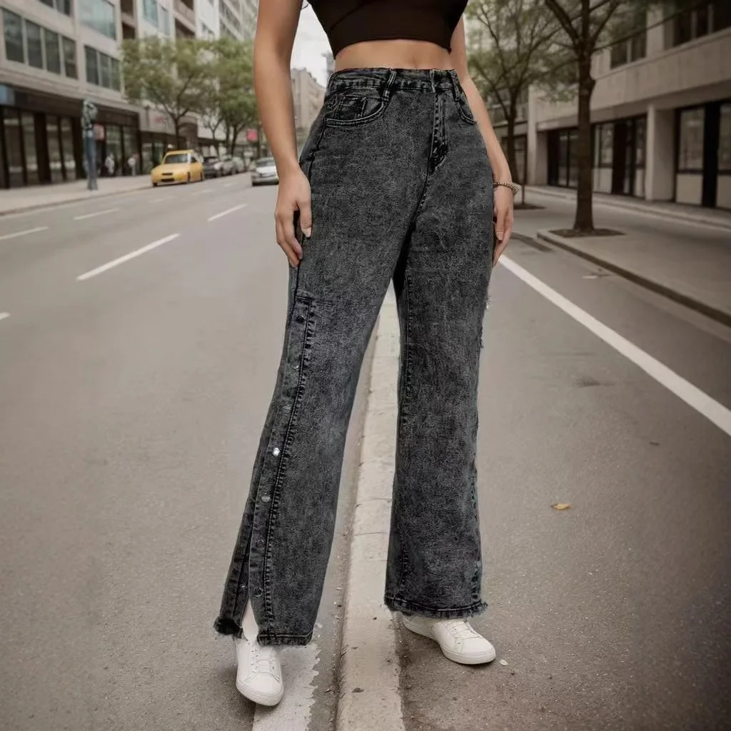 Classic Retro Stretch Multi-button Slit Jeans,British Style Women's Four Seasons New Fashionable and Casual Loose Wide-leg Jeans