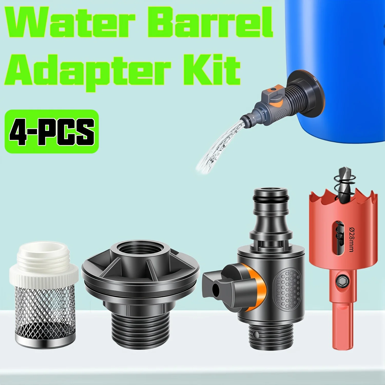 4pcs PVC/IBC Water Tank Adapter with Valve And Filter Screen, Hole Punch, Rainwater Collection Bucket Connector Kit, 1/2