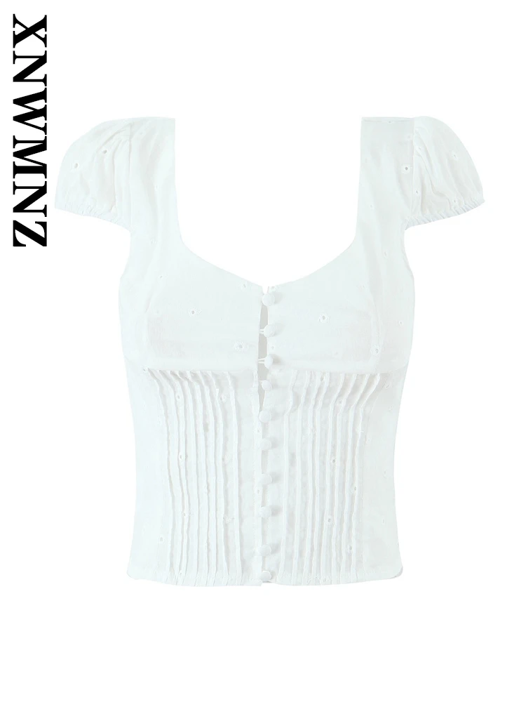 

XNWMNZ 2025 Summer New Woman's Trendy Square Collar Blouses Top Elegant Woman Solid Color Short Ruffles Regular Fit Short Sleeve