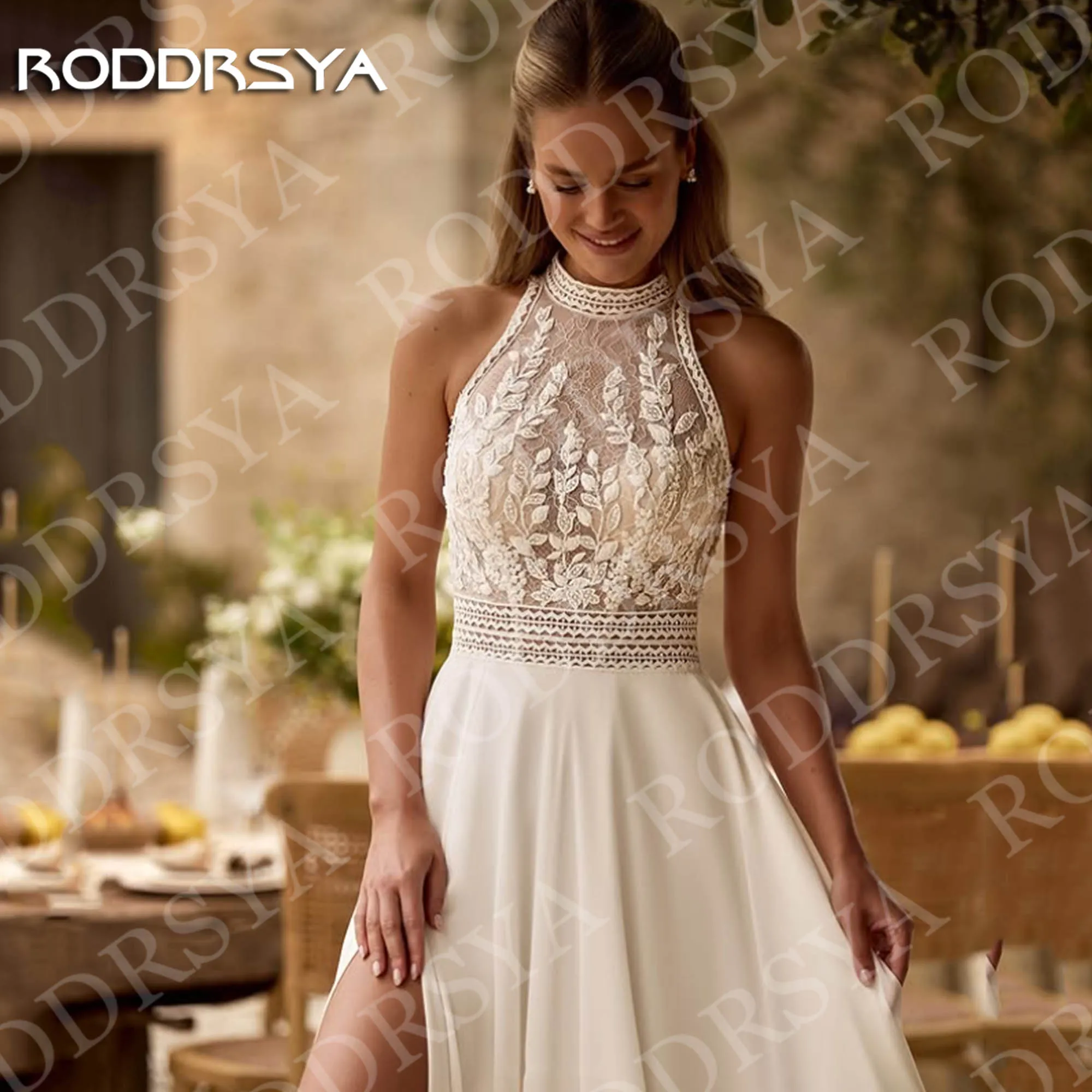 RODDRSYA 2026 보헤미안 웨딩 드레스 오픈 백 레이스 홀터넥 하이 슬릿 A라인 쉬폰 신부 드레스 맞춤 제작 웨딩드레스보헤미아 결혼식 드레스 오픈 백 레이스 Halter 목 높은 슬리트 라인 시폰 신부 드레스 주문을 받아서 만들어진