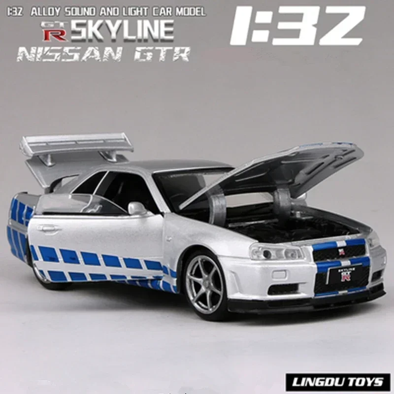 

1:32 Nissan Skyline Ares GTR R34, модель спортивного автомобиля из сплава, литая под давлением металлическая модель гоночного автомобиля, имитация звука, свет, детская игрушка в подарок