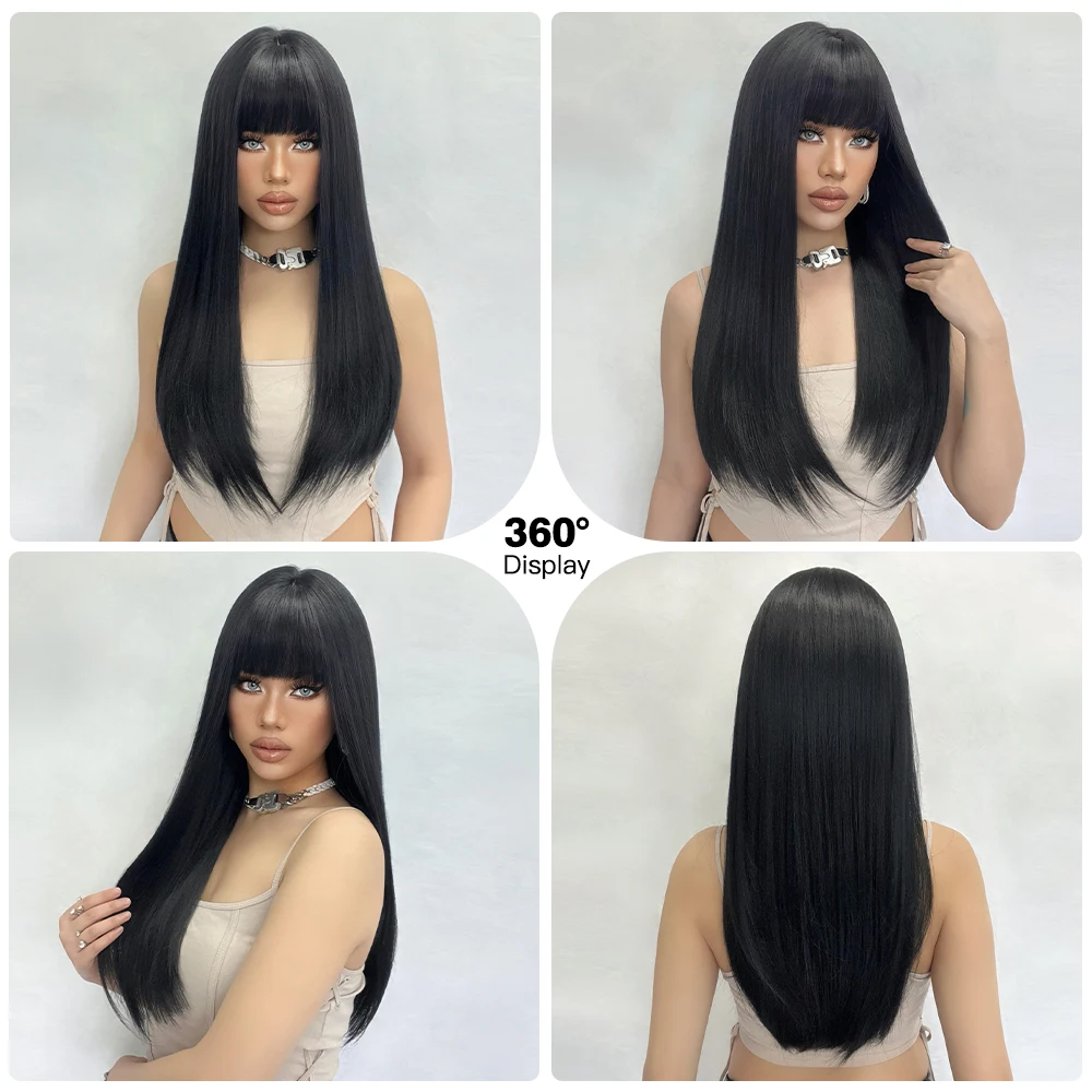 ALAN EATON Black Straight Synthetic Wigs with Bangs Long Smooth Hair for Women Daily Soft Natural Looking High Temperature Fiber