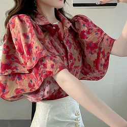 Fashion Sweet Short Sleeve Turn-down Collar Shirts Ladies Vintage Temperament Tops Summer Buttons Women's Clothing Printing