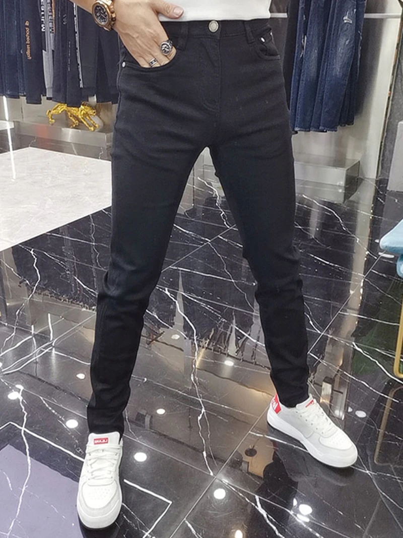 

Slim Fit Bla Jeans Men's Trendy Brand Simple Sle Korean Version Long Pants Autumn Cotton Denim mid Waist Zipper Casual