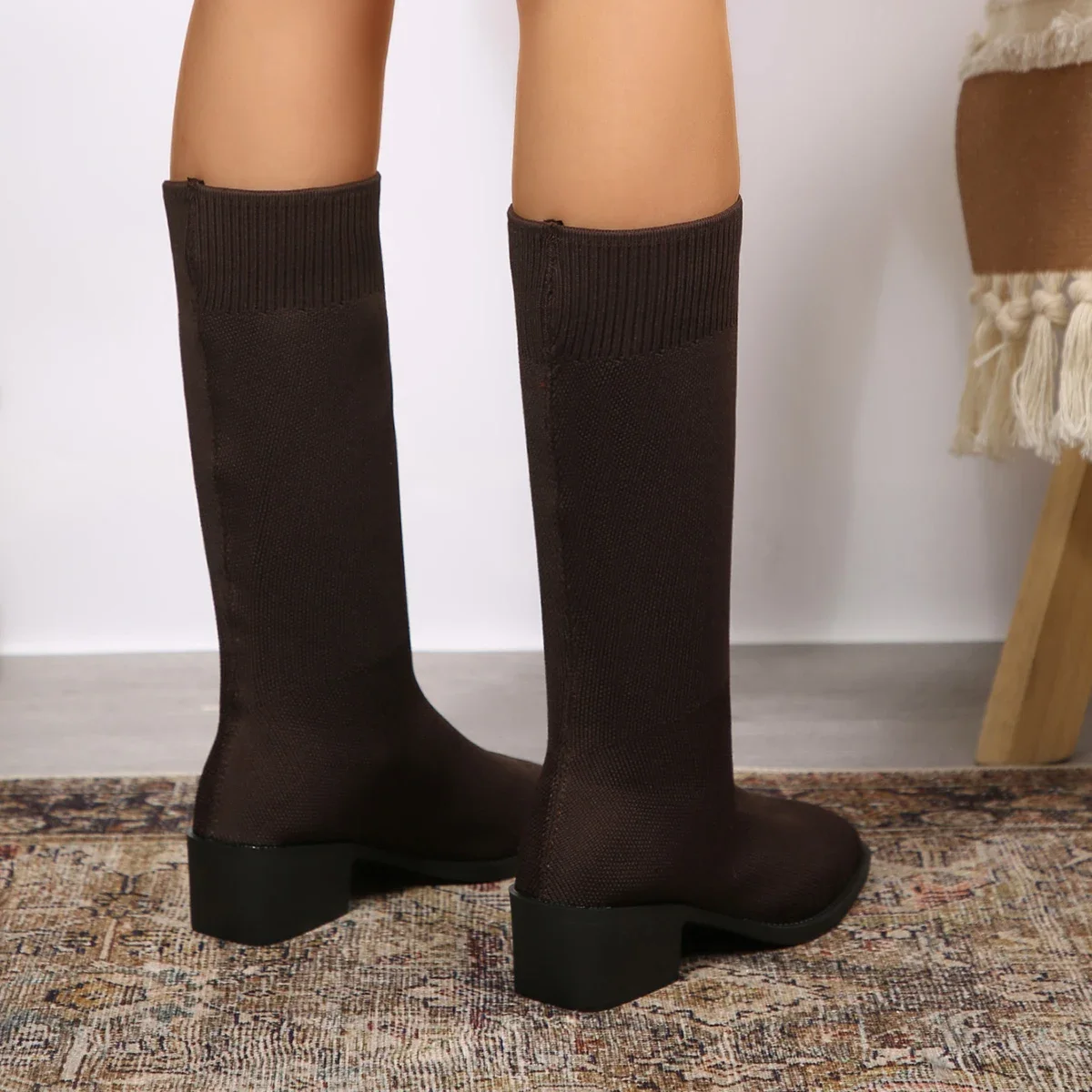 Frühling Herbst Mode Damenstiefel Quadratische Spitze Gestrickte Sockenstiefel Slip-on Halbstiefel Damen High Heels Übergrößen 35-43 Schuhe – Detail 25