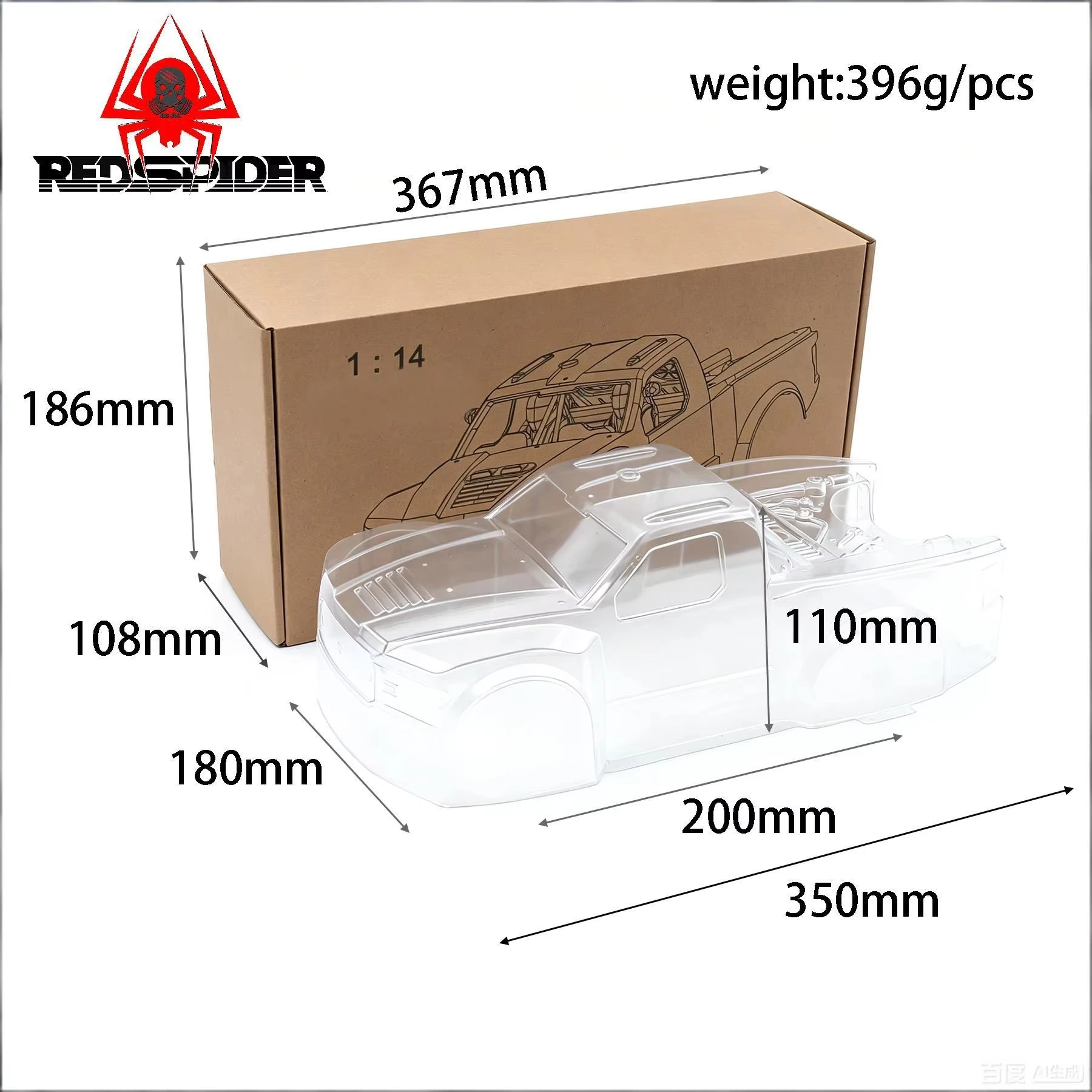 RED SPIDER 350*180mm Pre-Cut Clear Pickup Truck Bodyshell Complete Kit With Stickers Fit 1/14 Scale Arrma Mojave RC Off-Road Tru