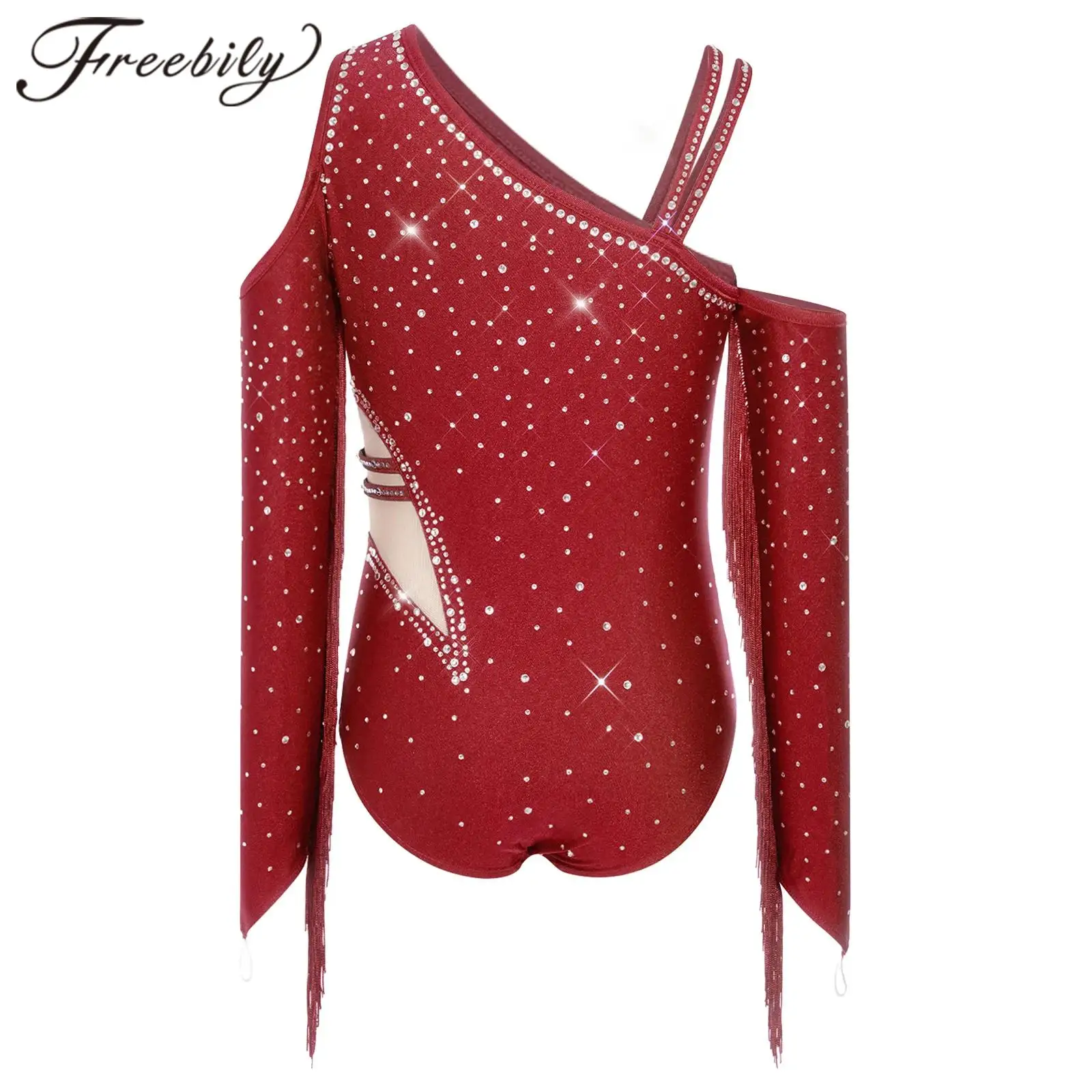 

Kids Girls Latin Dance Cha Cha Bodysuit One Shoulder Tassels Bodysuit Rhinestones Ballet Dance Leotard Performance Dancewear