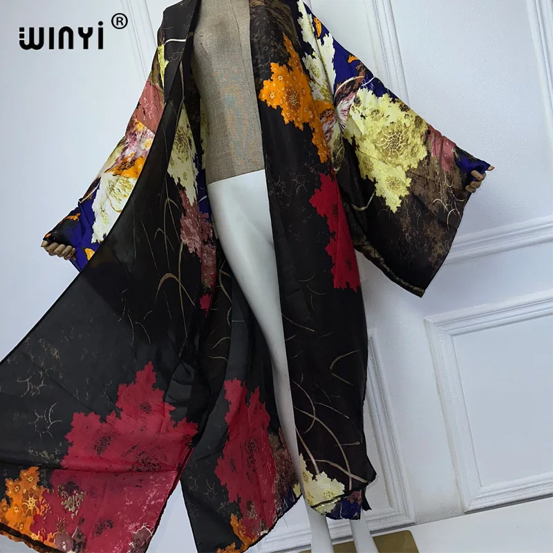 WINYI Kimono Summer Bohemia Print Long Sleeve Cardigan Female Blouse abaya cover up beach women boho maxi dress party kaftan