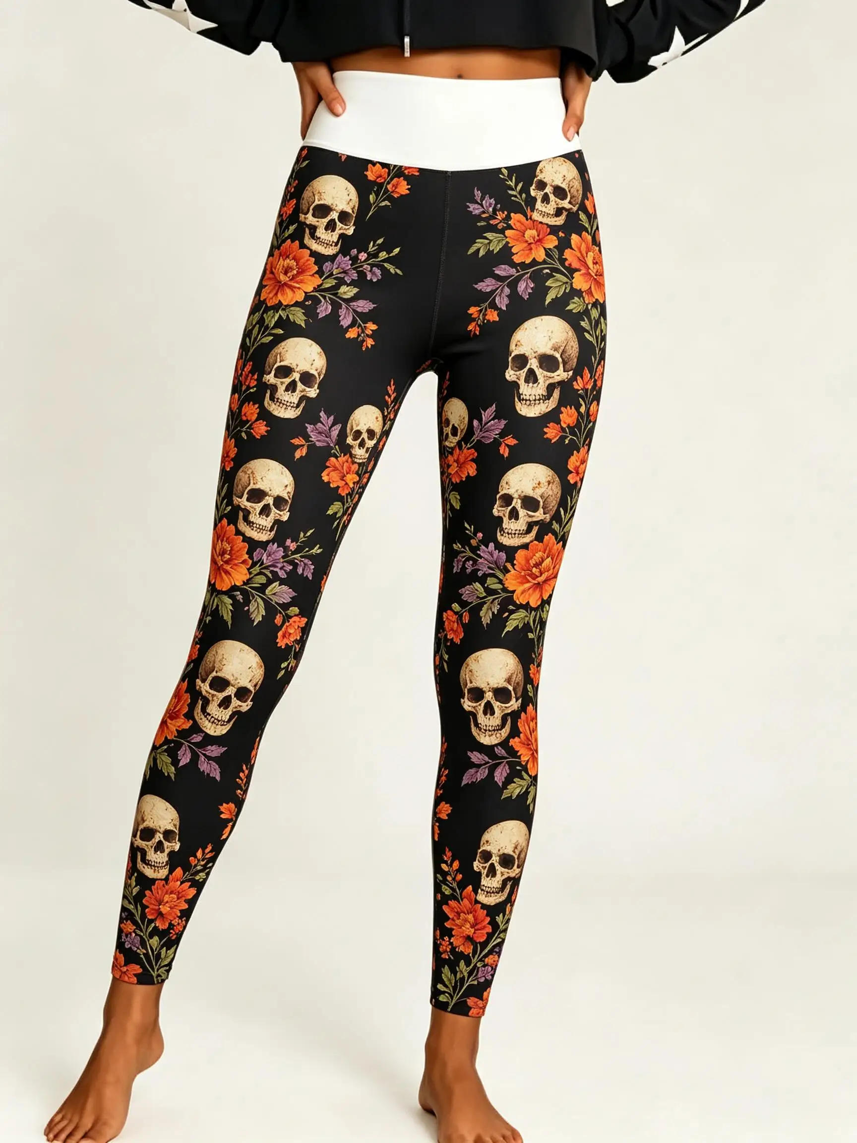 Women Halloween Fleece Mid‑Rise Leggings White Waistband Skull Purple Floral Full Print Stretch Slim Pants