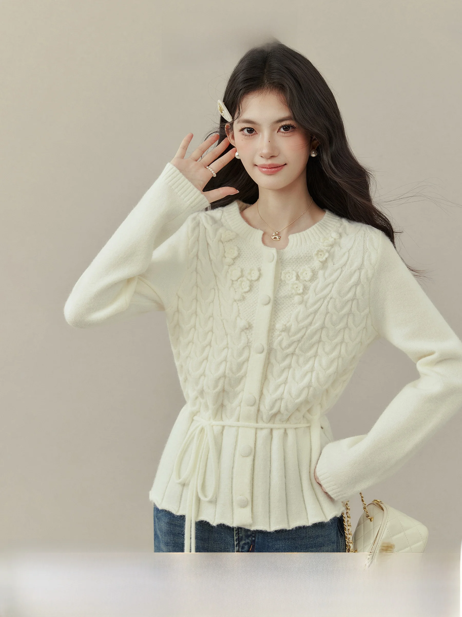 

Осенне-зимний вязаный свитер для женщин, повседневный, с завязками на талии, цветочным кружевом, вязаный крючком, открытый кардиган, пуловер с круглым вырезом