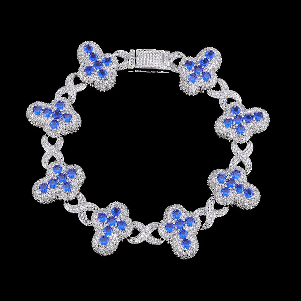 

NUOYA Blue Zircon Infinity Cross Design Bracelet 20mm Width Iced Out Hip Hop Jewelry Silver White CZ Chain for Women Gift
