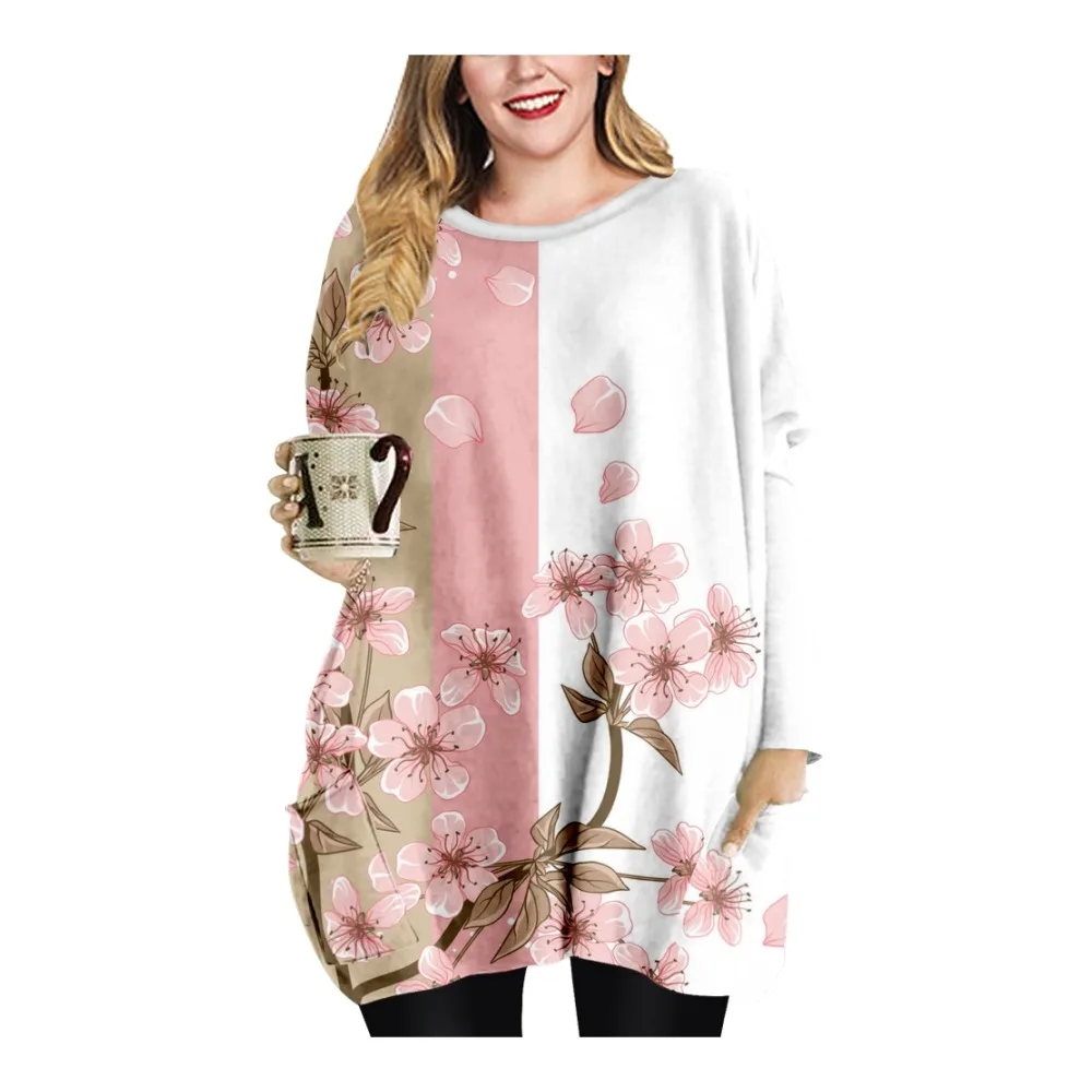 

NEW Retro Cherry blossoms Print Loose Casual Style Ladies T-shirt Double Pocket Dress Round Neck Long Sleeve Dress