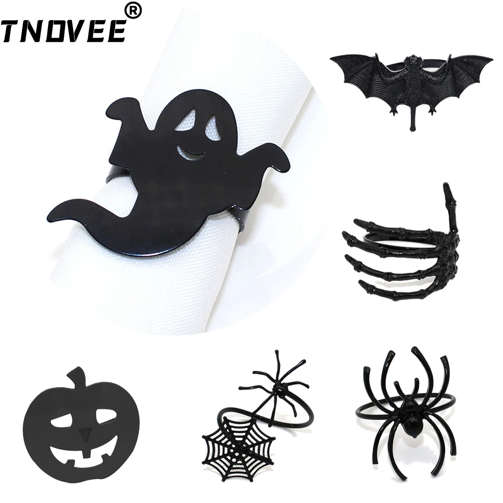 6Pcs Halloween Napkin Rings Metal Black Ghost Claw Spider Napkin Buckles for Spooky Horror - themed Dinners Table Decoration
