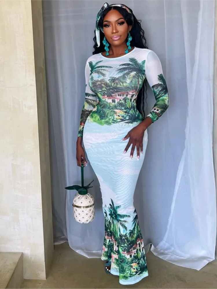 

Summer Cover Ups Women Swimsuit Long Sleeve Robes Bathing Suit 2025 New Tree Print Beach Holiday Maxi Dresses Cover-Up