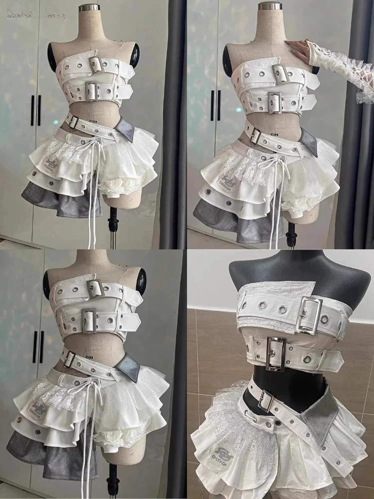 Conjuntos de 2 piezas Vintage elegante Y2K para mujer, Tops cortos sin tirantes góticos Punk + falda con volantes de cintura alta, trajes de fiesta para mujer 2025