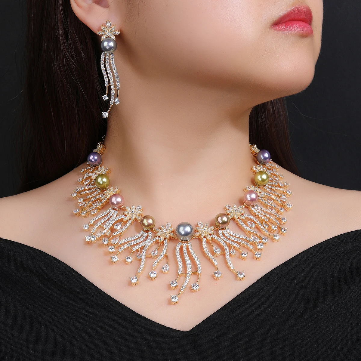 Gorgeous Bridal Jewelry Set Colors Pearl Cubic Zirconia Ladies Party Wedding Flowers Necklace And Earrings Set SE-CN11558