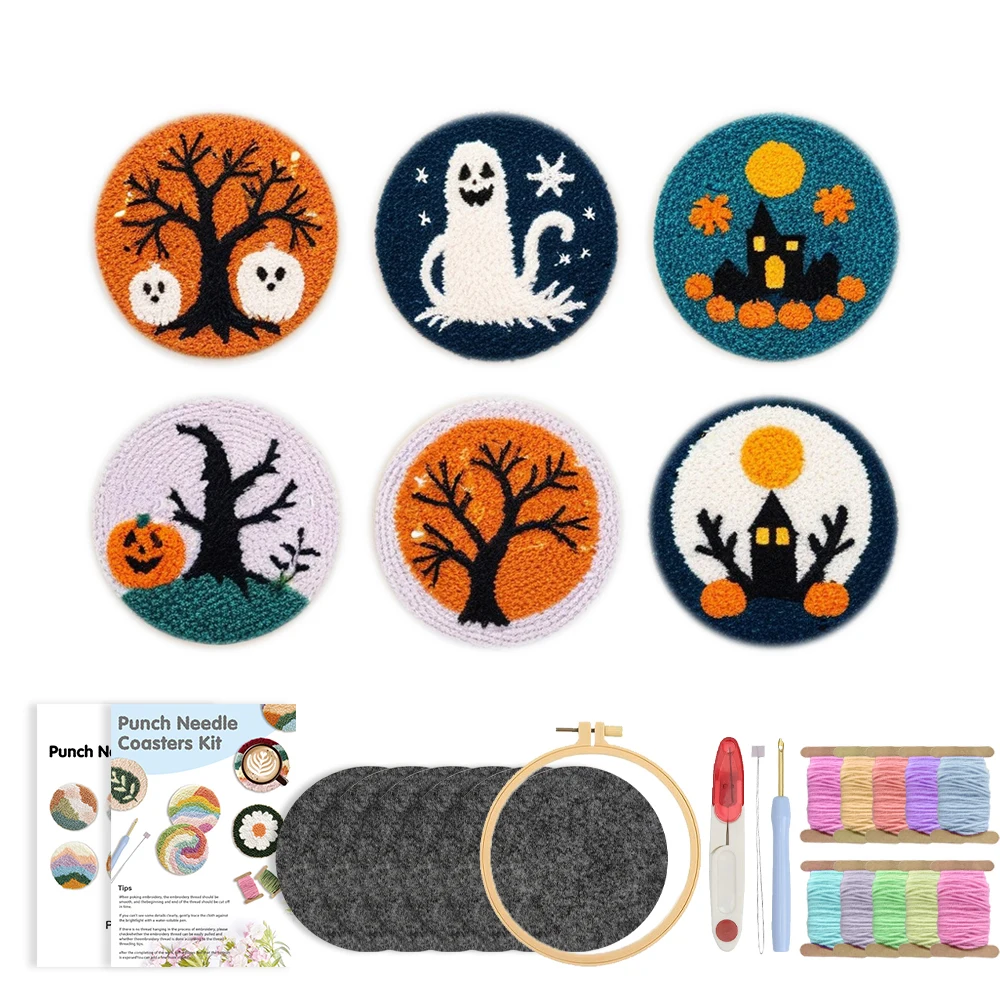 

CHENISTORY 6PCS Embroidery Punch Needle Coaster Halloween pattern Punch Decoration DIY Kit for Children and Adult Beginner Craft