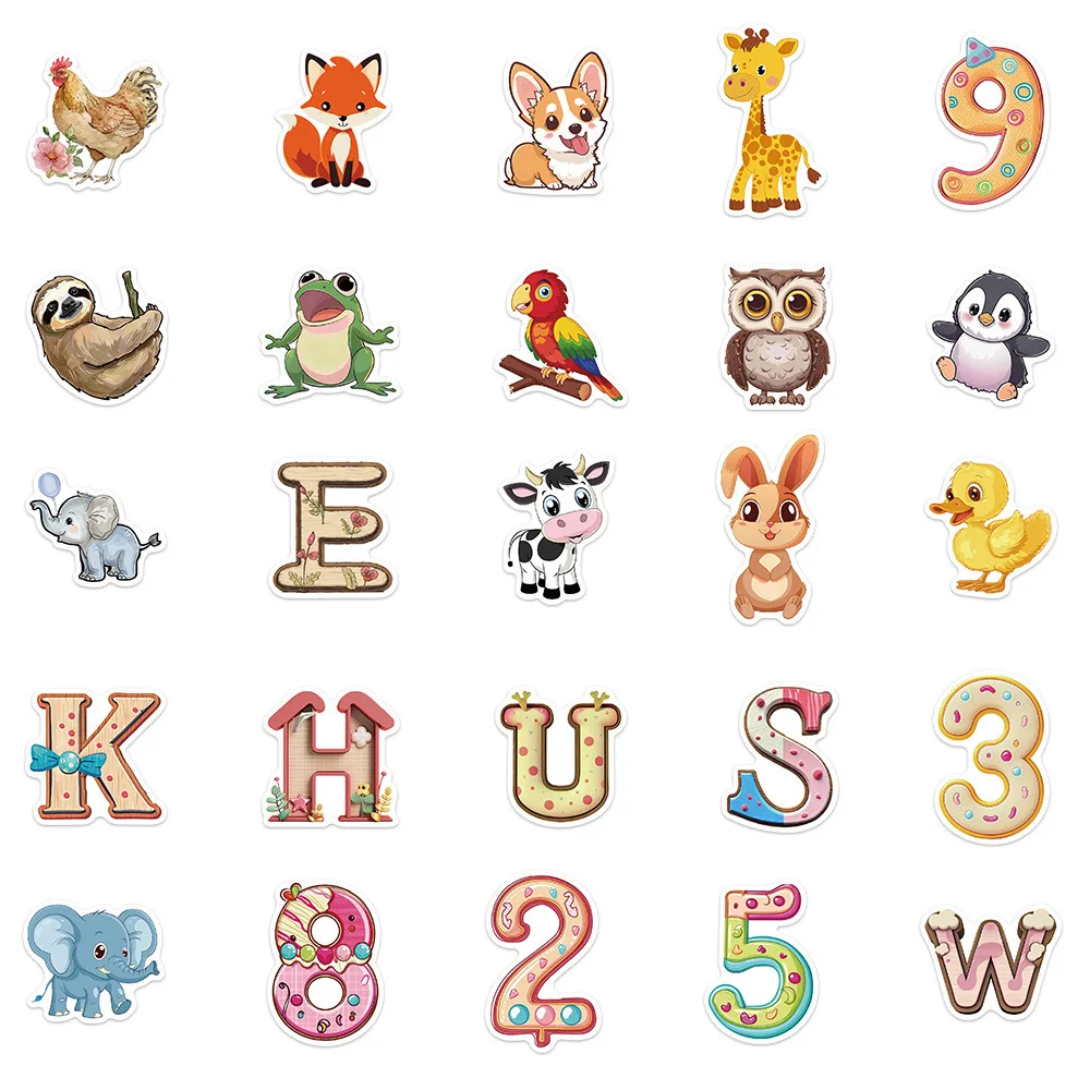 10/30/50PCS Kawaii Cartoon English Alphabet Stickers Animal Digit Stickers Ornament Bicycle Car Guitar Skateboard Waterproof Toy